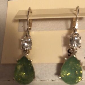 Dangling earrings with green gemstone glass like beads dressy, shiny beautiful